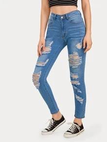 Jeans ajustados rotos con botón con bosillo lateral - Azul lavado medio - Ver 4