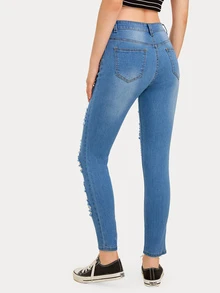 Jeans ajustados rotos con botón con bosillo lateral - Azul lavado medio - Ver 2