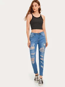 Jeans ajustados rotos con botón con bosillo lateral - Azul lavado medio - Ver 3