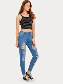 Jeans ajustados rotos con botón con bosillo lateral - Azul lavado medio - Ver 5