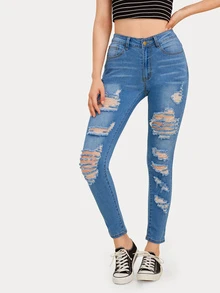 Jeans ajustados rotos con botón con bosillo lateral - Azul lavado medio - Ver 1