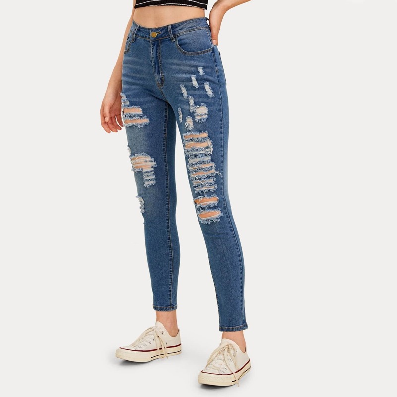 

Ripped Pocket Side Button Fly Skinny Jeans, Blue