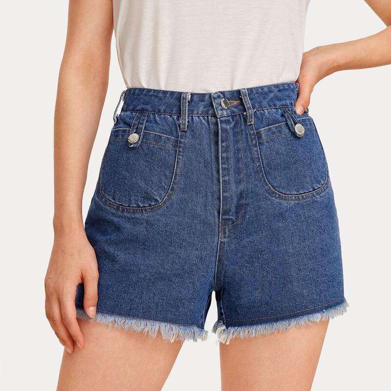 

Button Fly Raw Hem Denim Shorts, Blue