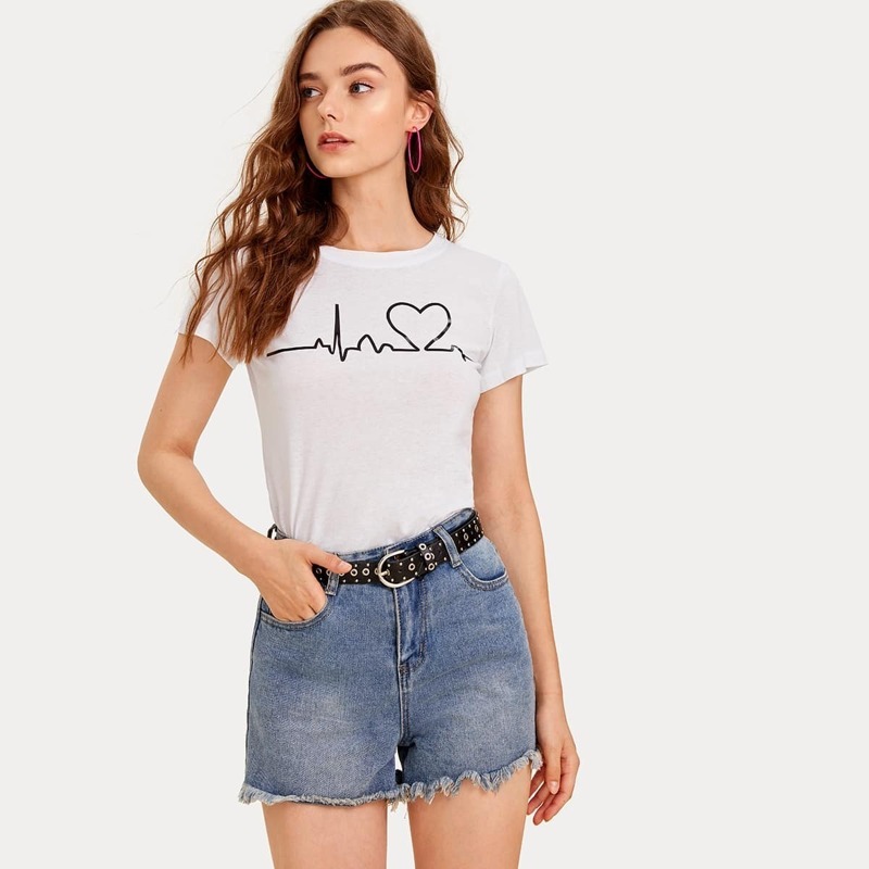 

Round Neck Heart Print Tee Without Bag, White
