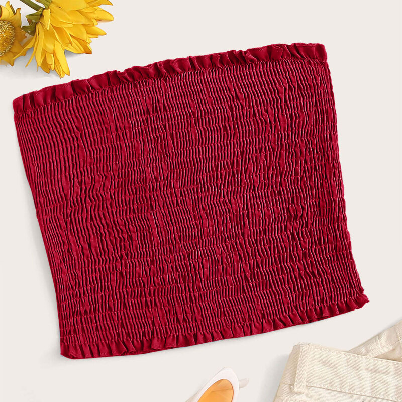 

Lettuce Frill Shirred Tube Top, Red