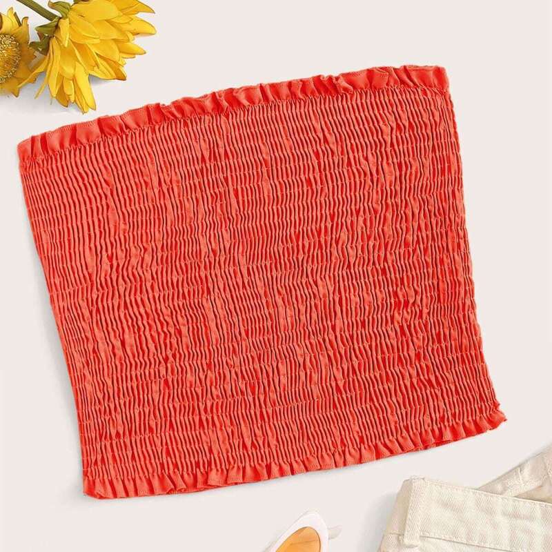 

Frill Trim Shirred Tube Top, Orange