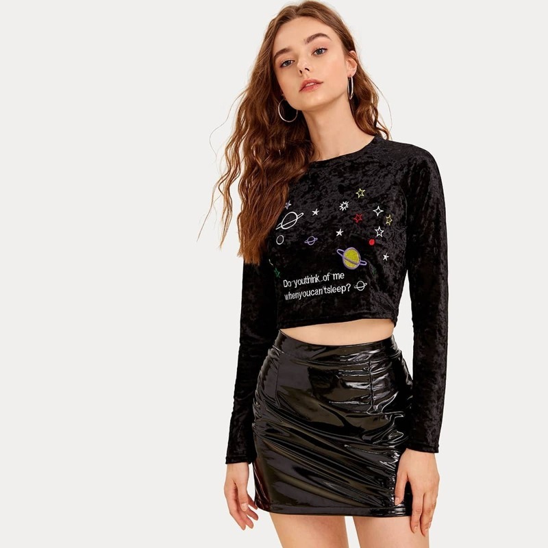

Galaxy & Letter Embroidered Crop Velvet Tee, Black