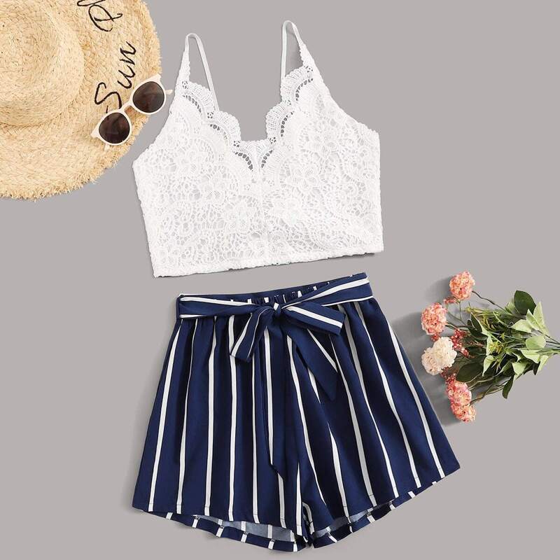 

Contrast Lace Tie Back Cami Top With Belted Shorts, Multicolor