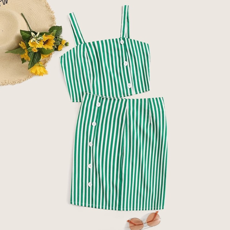 

Button Side Stripe Cami Top & Skirt, Green