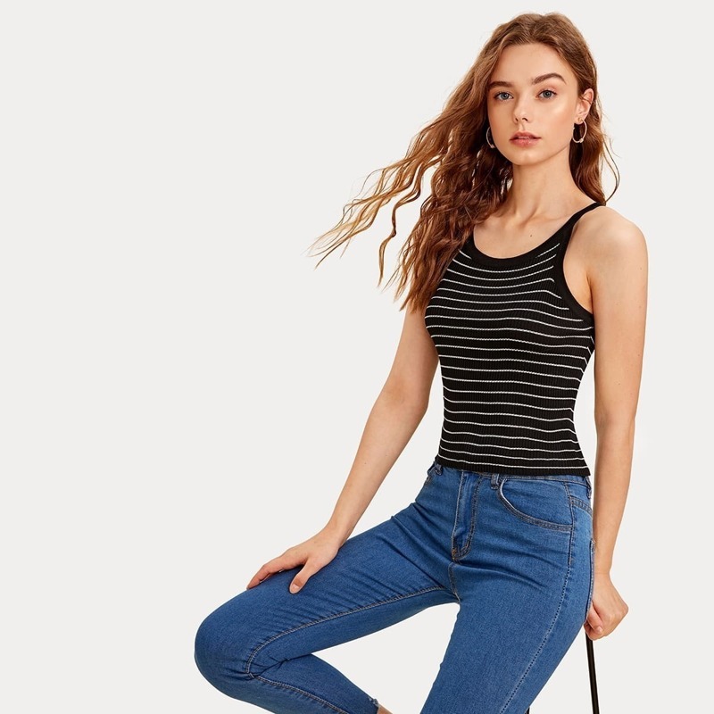 

Stripe Slim Fit Knit Cami Top, Black