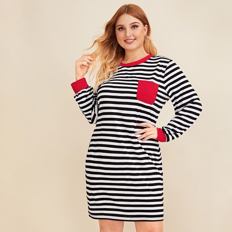 

Plus Contrast Binding Stripe Tee Dress, Black and white