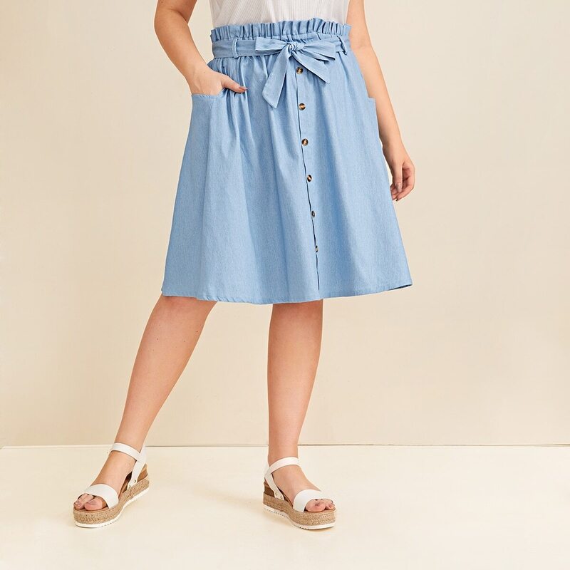 

Plus Button Front Belted Denim Midi Skirt, Blue