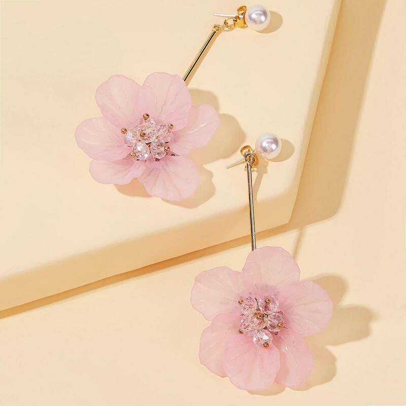 

Faux Pearl Decor Flower Earrings Jackets 1pair, Pink