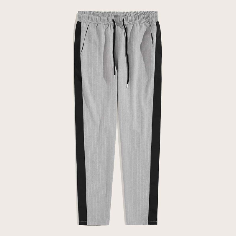 

Guys Drawstring Waist Contrast Sideseam Striped Pants, Grey