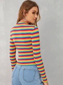 SHEIN EZwear Mock-neck Rib-knit Striped Tee