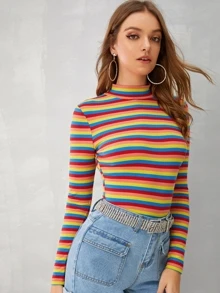 SHEIN EZwear Mock-neck Rib-knit Striped Tee