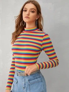 SHEIN EZwear Mock-neck Rib-knit Striped Tee