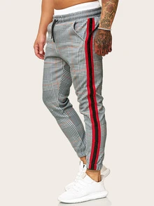 Manfinity Men Houndstooth Print Contrast Striped Drawstring Pants - Grey - View 3