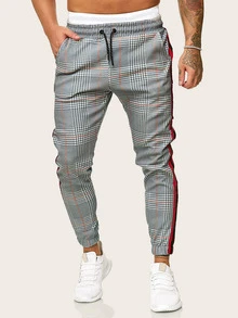 Manfinity Men Houndstooth Print Contrast Striped Drawstring Pants - Grey - View 1