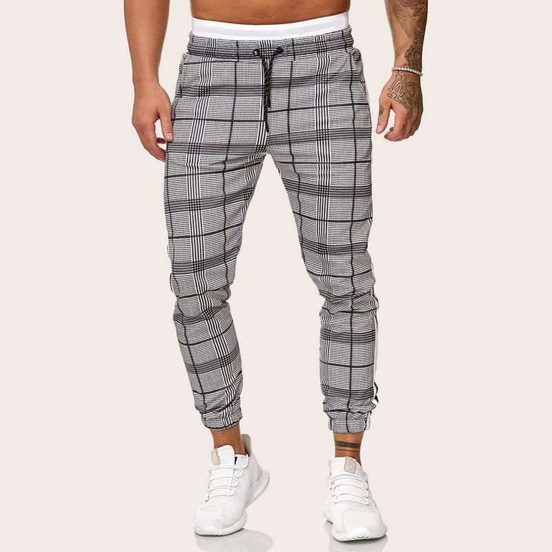 

Guys Plaid Contrast Striped Drawstring Waist Sweatpants, Black and white