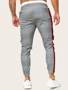 Manfinity Men Houndstooth Print Contrast Striped Drawstring Pants - Grey - View 2