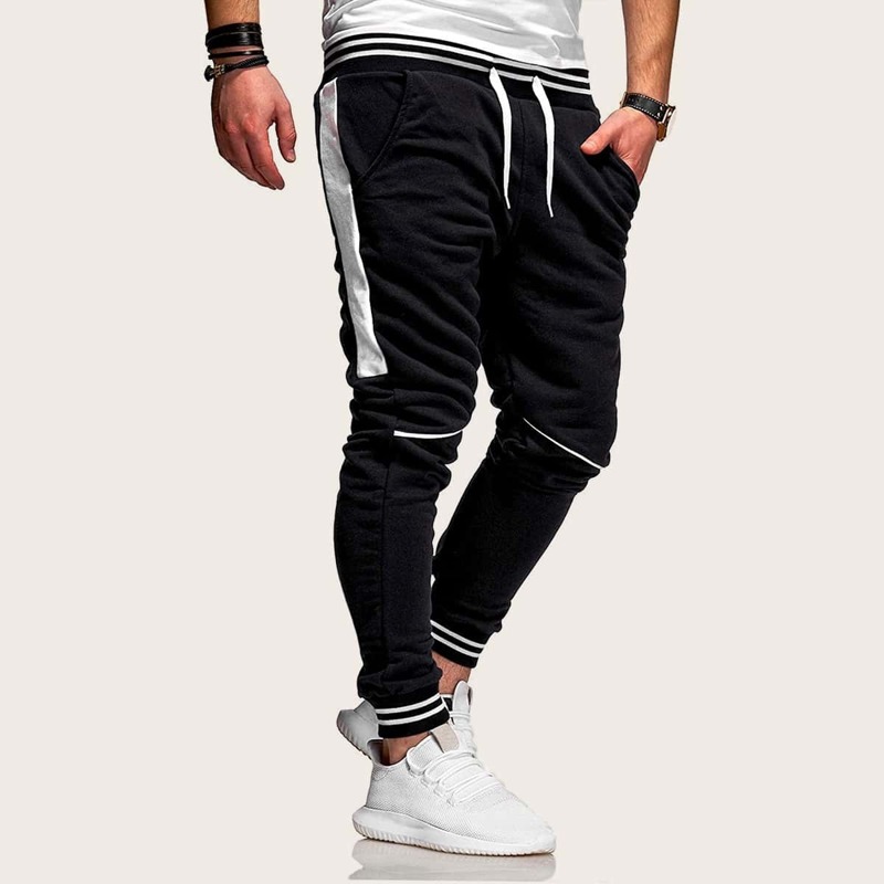 

Guys Contrast Tape Trim Drawstring Waist Sweatpants, Black