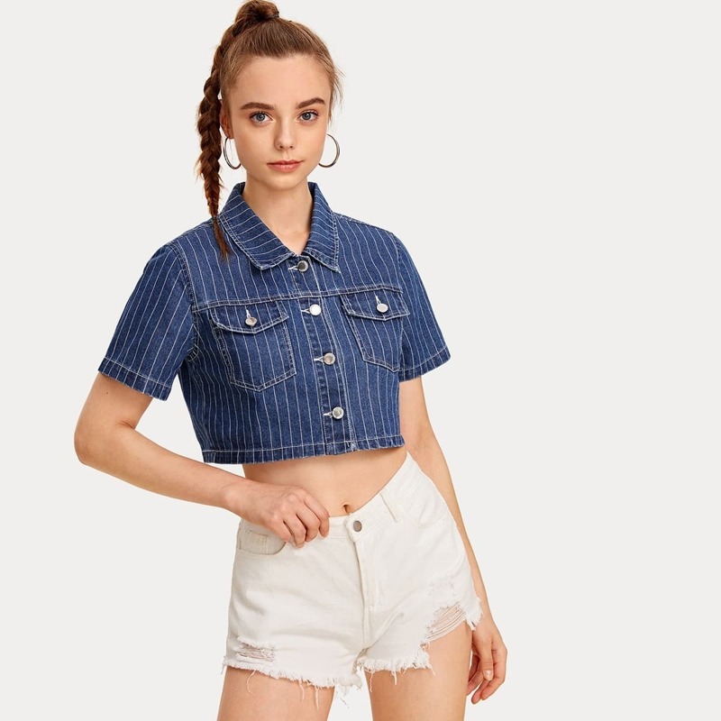 

Pocket Side Stripe Crop Denim Top, Navy