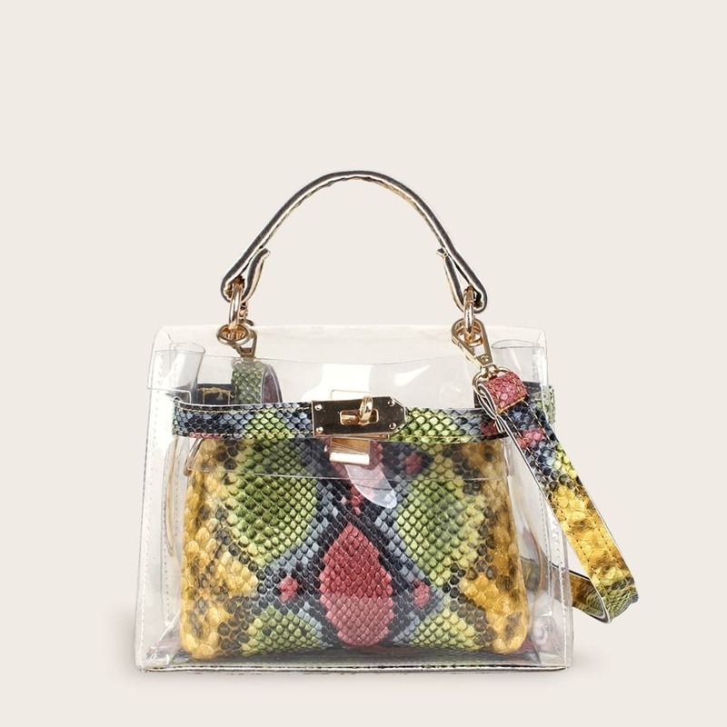 

Clear Satchel Bag With Snakeskin Inner Pouch, Multicolor