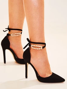 Point Toe Faux Pearl Ankle Strap Stiletto Heels - Black - View 4