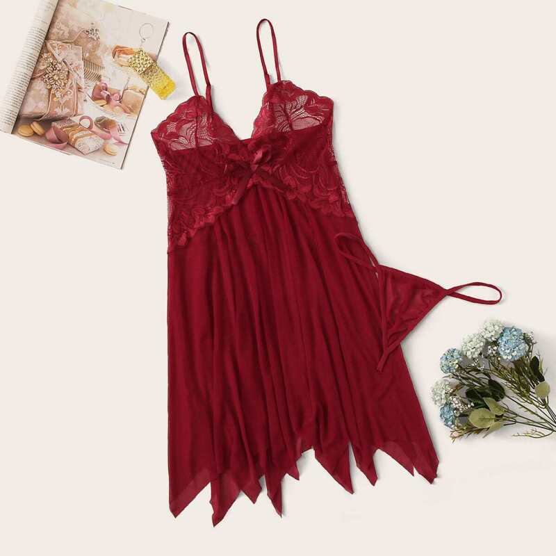 

Floral Lace Asymmetrical Hem Slips With Thong, Burgundy