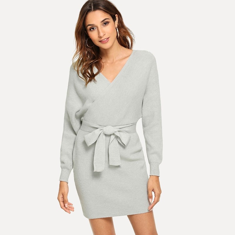 

Solid Surplice Front Belted Sweater Dress, Grey
