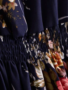 SHEIN LUNE Floral Print Shirred Waist Dress - Navy Blue - View 3