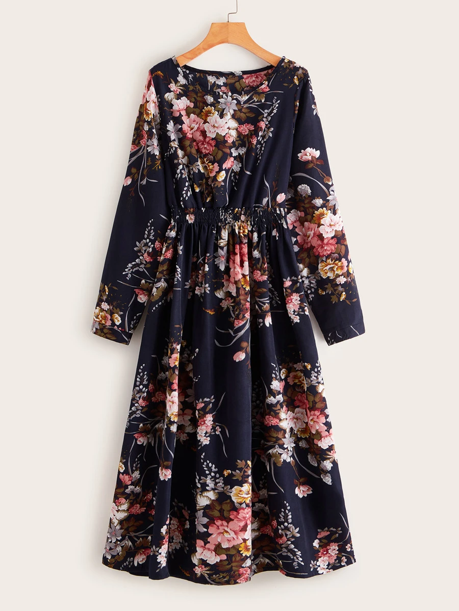 SHEIN LUNE Floral Print Shirred Waist Dress - Navy Blue - View 1