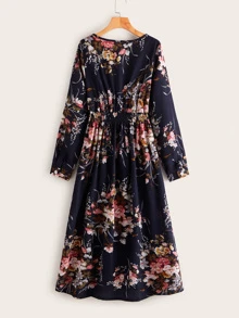 SHEIN LUNE Floral Print Shirred Waist Dress - Navy Blue - View 2