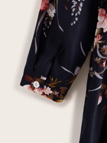 SHEIN LUNE Floral Print Shirred Waist Dress - Navy Blue - View 4