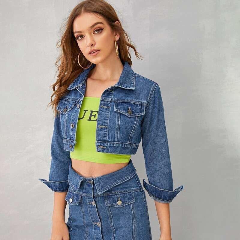 

Bleach Wash Crop Denim Jacket, Blue