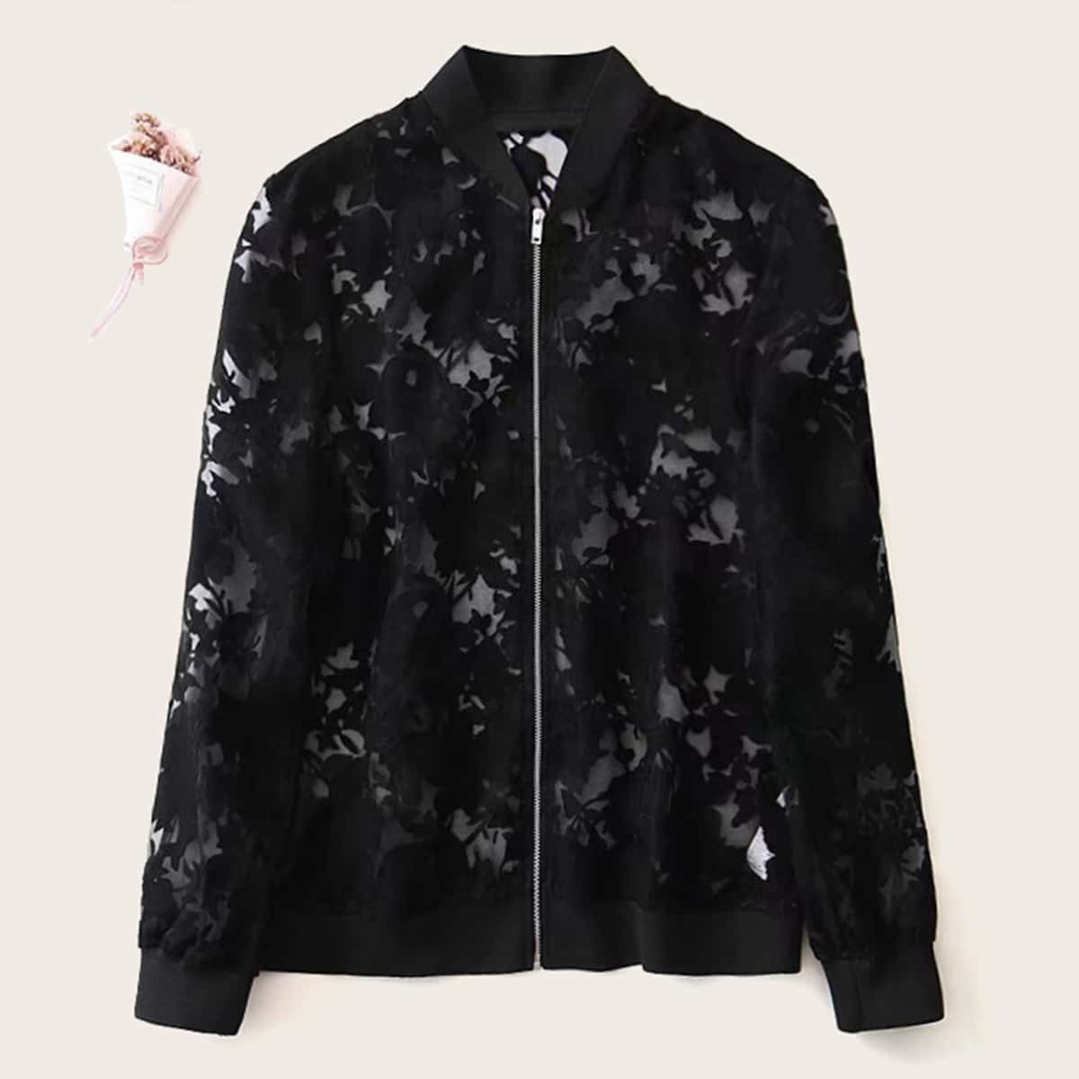 

Zip Up Sheer Bomber Jacket, Black