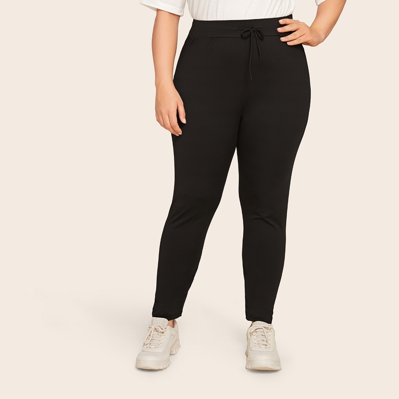 

Plus Solid Drawstring Leggings Without Bag, Black