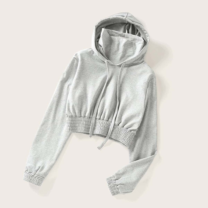

Shirred High Neck Hooded Sweatshirt, Grey