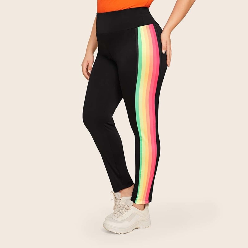 

Plus Rainbow Striped Wide Band Waist Leggings, Black