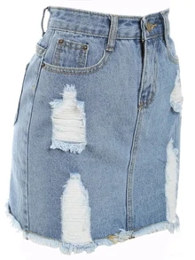 Plus Ripped Raw Hem Pencil Denim Skirt - Blue - View 3