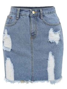 Plus Ripped Raw Hem Pencil Denim Skirt - Blue - View 1