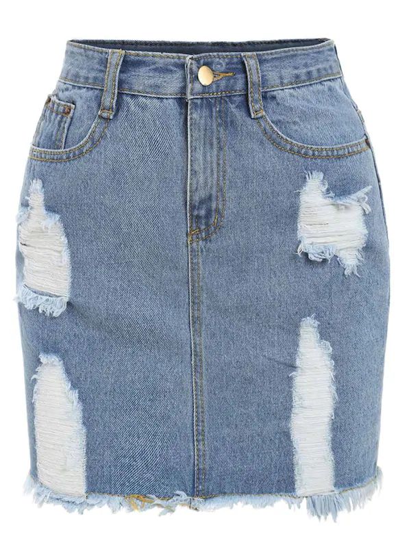 Plus Ripped Raw Hem Pencil Denim Skirt - Blue - View 1
