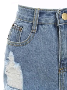 Plus Ripped Raw Hem Pencil Denim Skirt - Blue - View 4