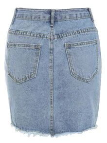 Plus Ripped Raw Hem Pencil Denim Skirt - Blue - View 2