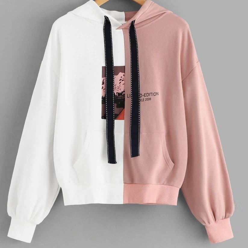 

Plus Letter Graphic Spliced Drawstring Hooded Sweatshirt, Multicolor
