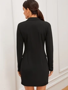 SHEIN Solid Double Button Blazer Dress - Black - View 2
