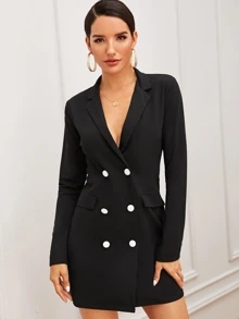 SHEIN Solid Double Button Blazer Dress - Black - View 4