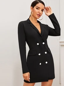 SHEIN Solid Double Button Blazer Dress - Black - View 1