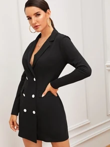 SHEIN Solid Double Button Blazer Dress - Black - View 5